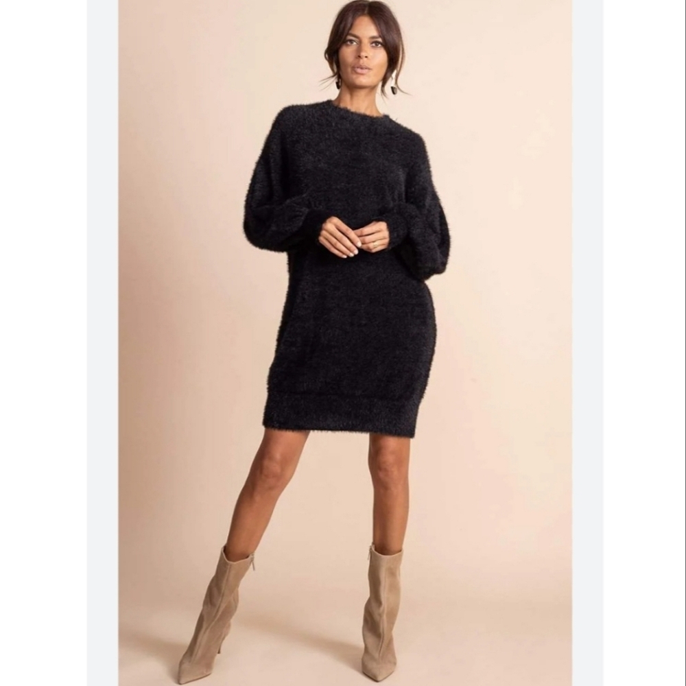 NWOT Halogen Mock Neck Long Sleeve Fuzzy Sweater Dress in Black Sz. XS